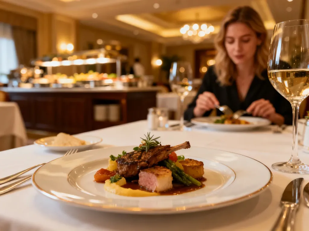 Elegancko nakryty stół w hotelowej restauracji z wykwintnym daniem i winem, ilustrujący ofertę wyżywienia typu half board.