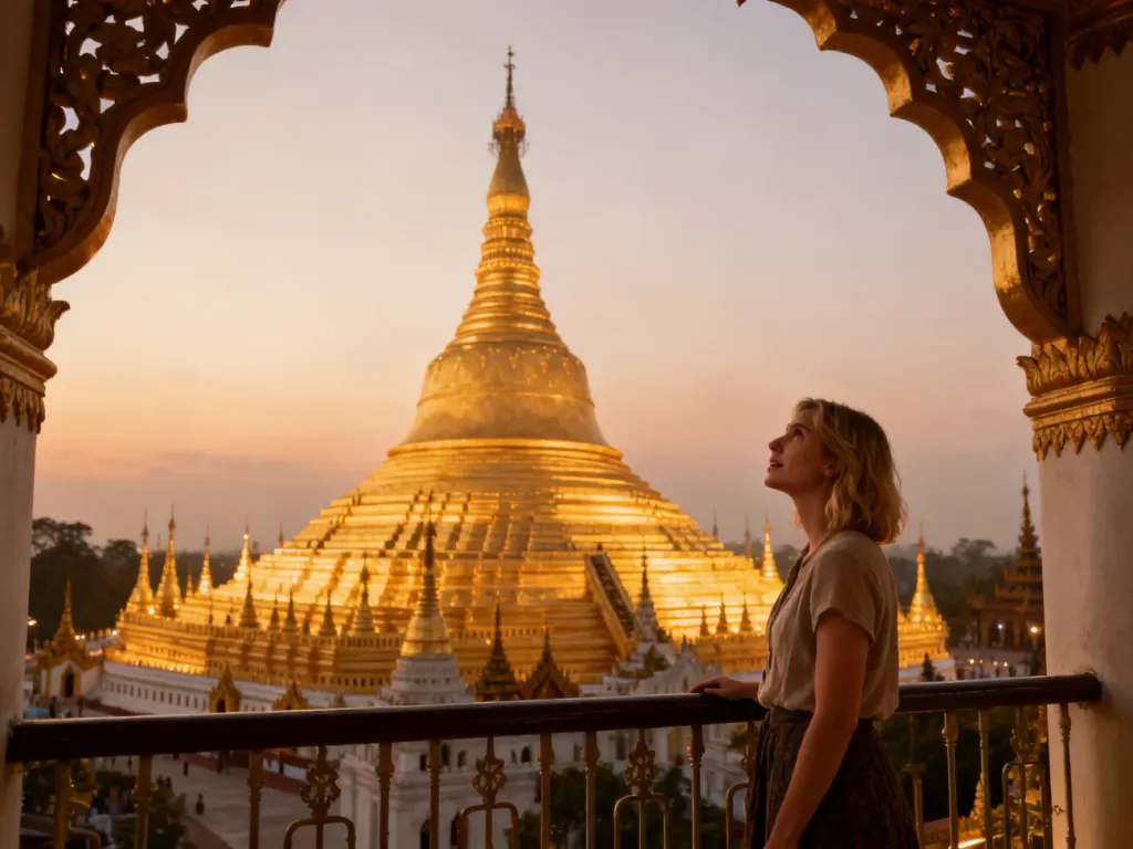 Turystka podziwiająca majestatyczną, złotą pagodę Shwedagon w Mjanmie podczas zachodu słońca.