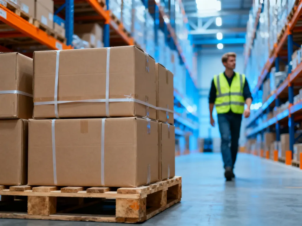 Zabezpieczone paczki na palecie w nowoczesnym magazynie logistycznym, gotowe do bezpiecznego transportu.
