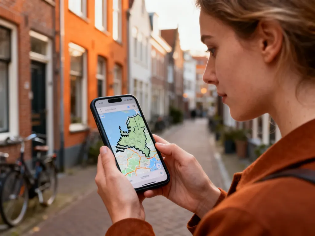 Kobieta sprawdza mapę Holandii na smartfonie na tle tradycyjnej holenderskiej ulicy z ceglanymi domami.