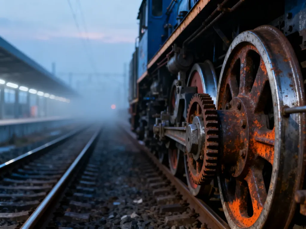 Zbliżenie na zardzewiałe elementy mechaniczne koła pociągu na tle zamglonego torowiska, ilustrujące temat awarii taboru.