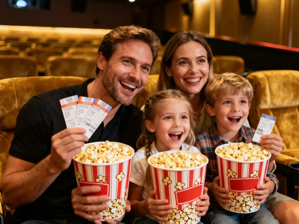 Szczęśliwa czteroosobowa rodzina z biletami i popcornem w nowoczesnym kinowym lobby, gotowa na wspólny seans.