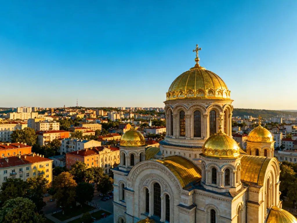 Katedra Zaśnięcia Matki Bożej w Warnie ze złotymi kopułami na tle letniego miasta w promieniach zachodzącego słońca.