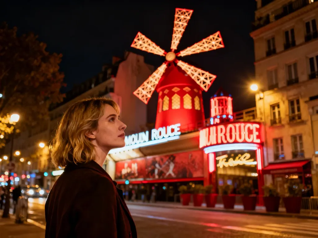 Oświetlony czerwony wiatrak Moulin Rouge nocą z kobietą podziwiającą fasadę słynnego paryskiego kabaretu.