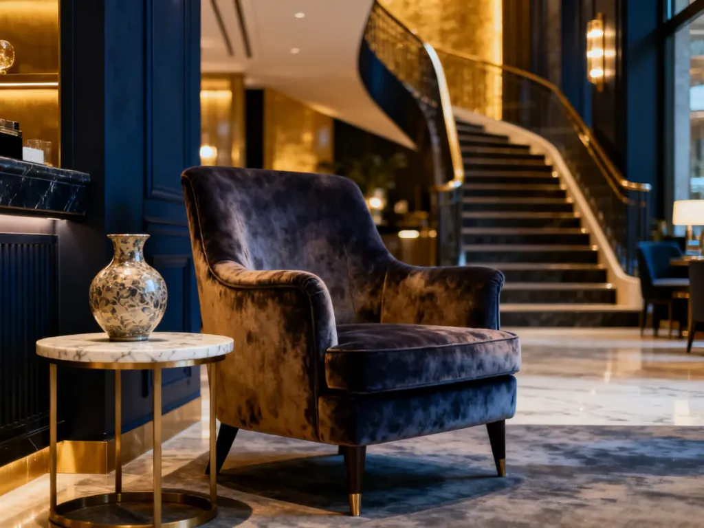 Eleganckie lobby hotelu butikowego z aksamitnym fotelem, marmurowym stolikiem i nastrojowym oświetleniem.